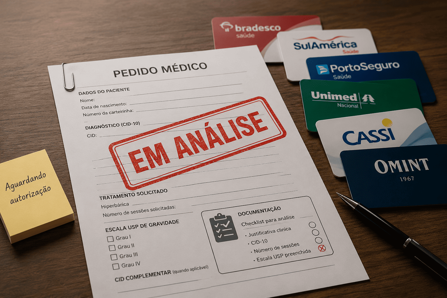 Pedido médico em análise pelo convênio com carteirinhas de planos de saúde