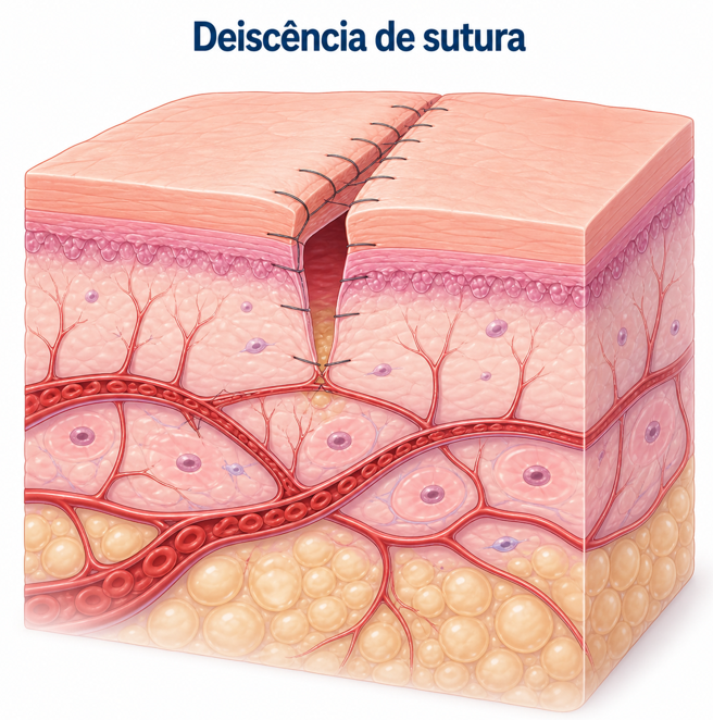 Ilustração esquemática de deiscência de sutura após cirurgia plástica, mostrando abertura parcial da ferida operatória e separação dos bordos da pele.