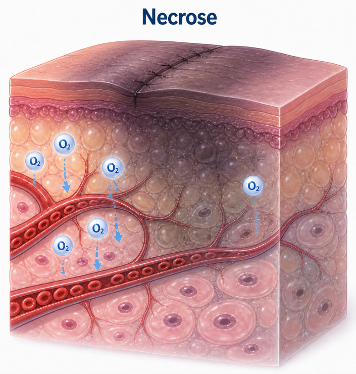 Ilustração esquemática de necrose após cirurgia plástica, mostrando escurecimento da pele, sofrimento tecidual e redução da oxigenação local.