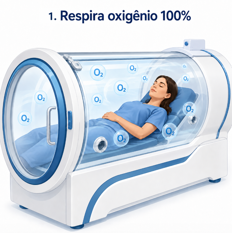 Paciente dentro de câmara hiperbárica monoplace respirando oxigênio 100% puro durante sessão de oxigenoterapia hiperbárica.
