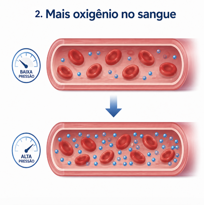 Esquema mostrando maior quantidade de oxigênio chegando aos tecidos através dos vasos sanguíneos durante oxigenoterapia hiperbárica.