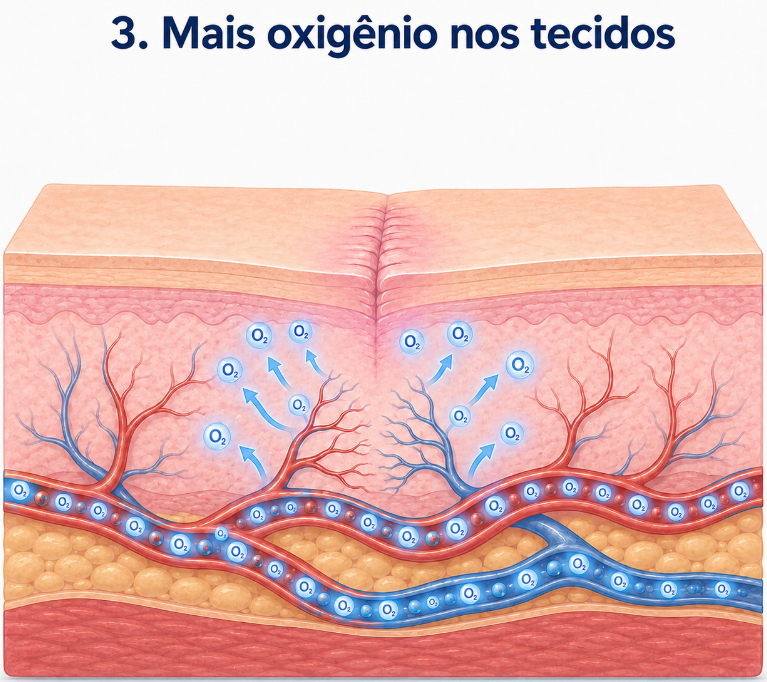 Esquema mostrando maior quantidade de oxigênio chegando aos tecidos através dos vasos sanguíneos durante oxigenoterapia hiperbárica.