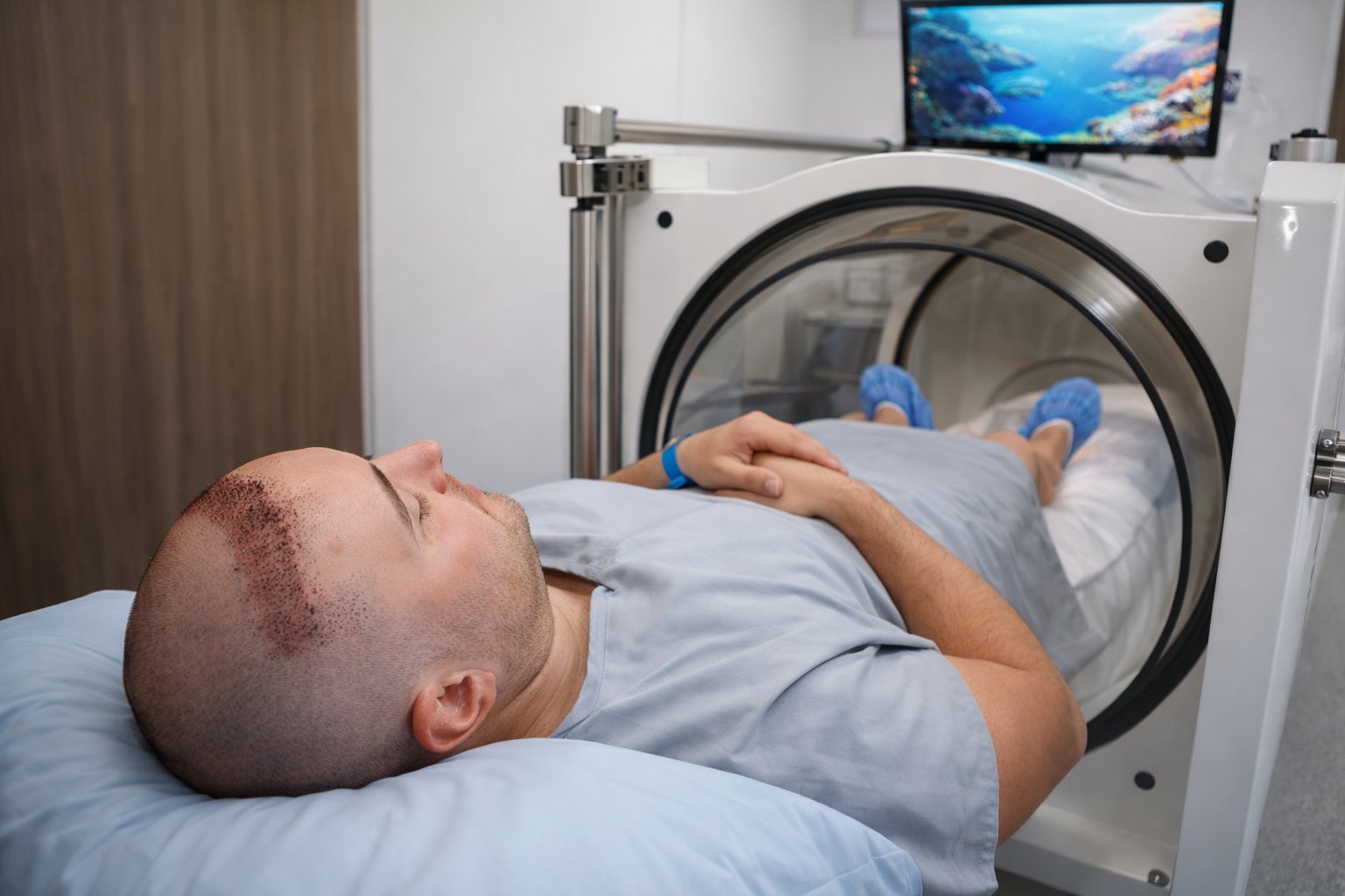 Paciente em recuperação dentro de câmara hiperbárica após transplante capilar, com a linha de implante de fios visível na cabeça